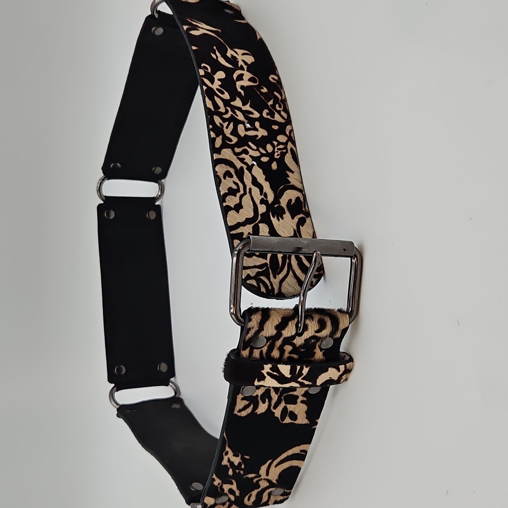 Genuine Leather Belt Suede Black Cream 39" Metal Buckle - Picture 2 of 14
